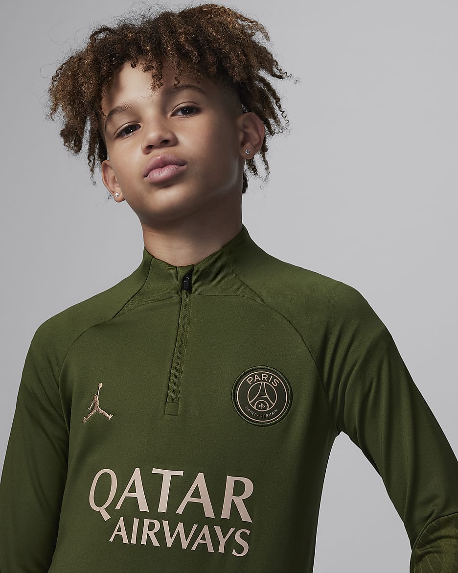 Fotbollsträningströja Paris Saint-Germain Strike (fjärdeställ) Jordan Dri-FIT för ungdom - Rough Green/Rough Green/Dark Obsidian/Hemp