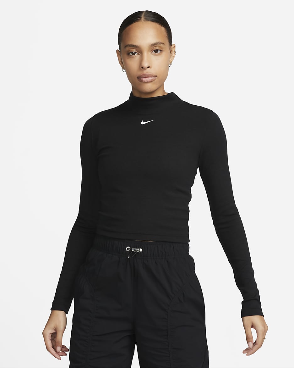 Playera de manga larga de tela de canalé con cuello alto para mujer Nike Sportswear Essential - Negro/Blanco