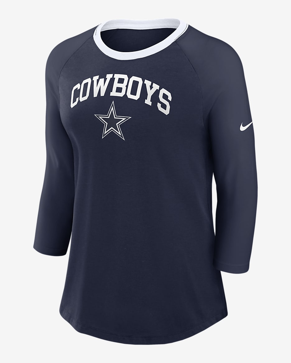 Playera de manga ¾ Nike de la NFL para mujer Dallas Cowboys - Azul marino/Blanco