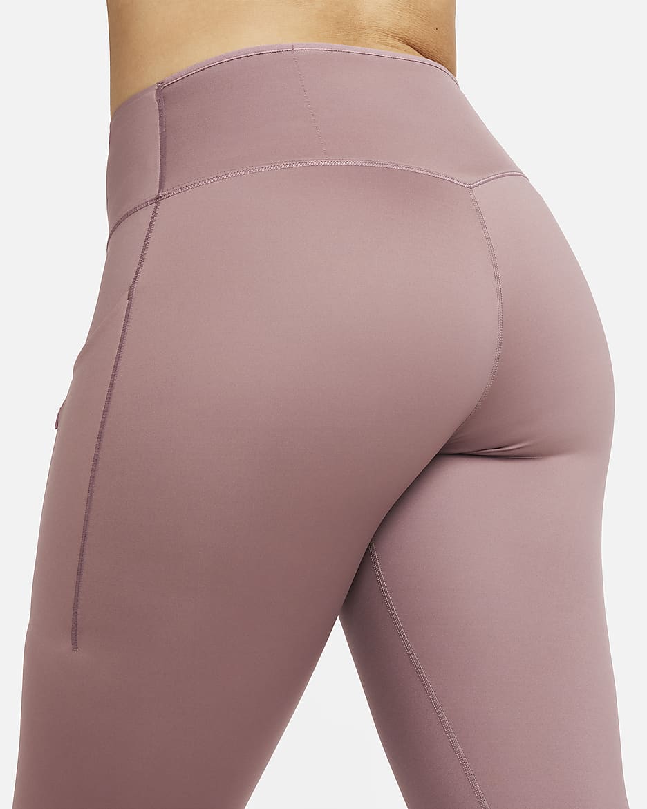 Nike Go leggings i full lengde med fast støtte, mellomhøyt liv og lommer til dame - Smokey Mauve/Svart