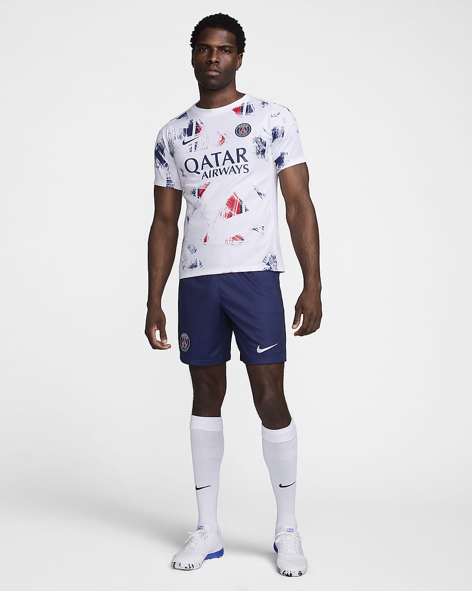 Paris Saint-Germain Academy Pro Away Nike Dri-FIT Pre-Match Kurzarm-Fußballoberteil (Herren) - Weiß/Midnight Navy/Midnight Navy