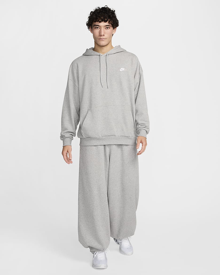 Nike Club Fleece Men's Oversized French Terry Pullover Hoodie - Dark Grey Heather/Light Smoke Grey/White