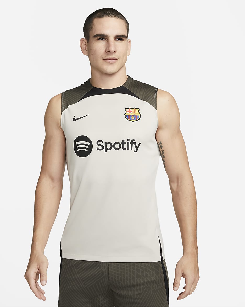 FC Barcelona Strike Men's Nike Dri-FIT Sleeveless Knit Soccer Top - String/Black/Sequoia/Black