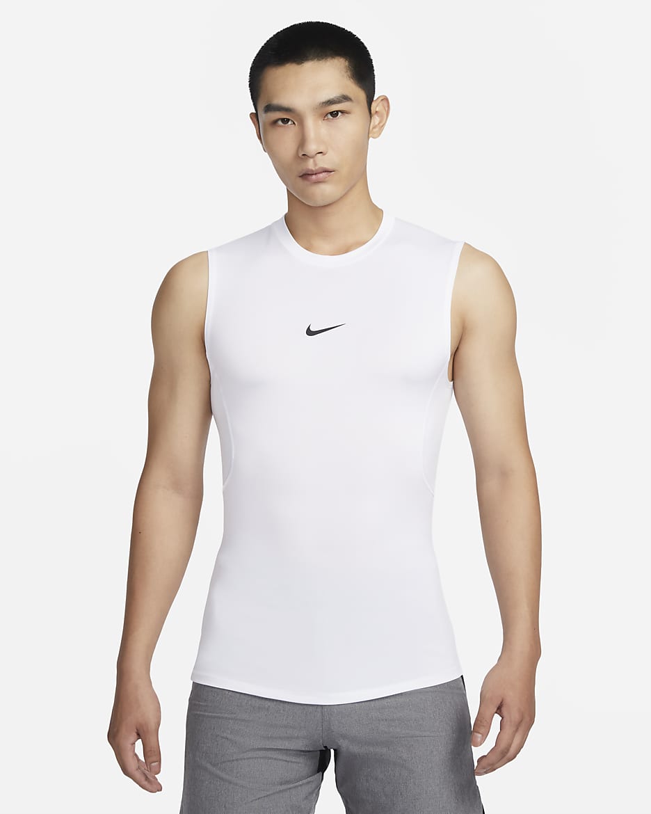ナイキ プロ メンズ Dri-FIT タイト ノースリーブ フィットネストップ - ホワイト/ブラック