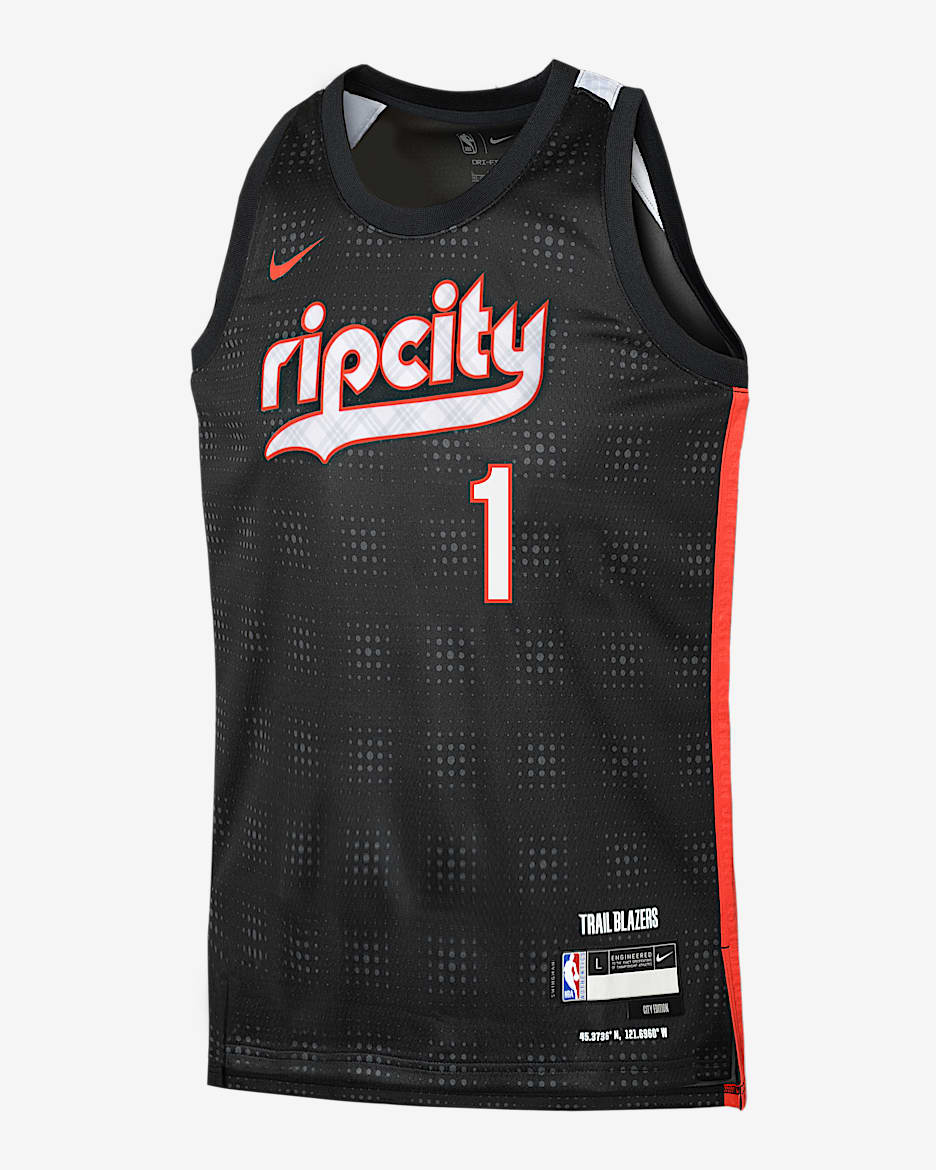 Jersey Nike Dri-FIT de la NBA Swingman para niños talla grande Anfernee Simons Portland Trail Blazers 2024/25 City Edition - Negro