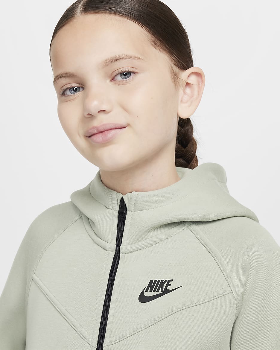 Nike Sportswear Tech Fleece-hættetrøje med lynlås til større børn (piger) - Jade Horizon/sort/sort