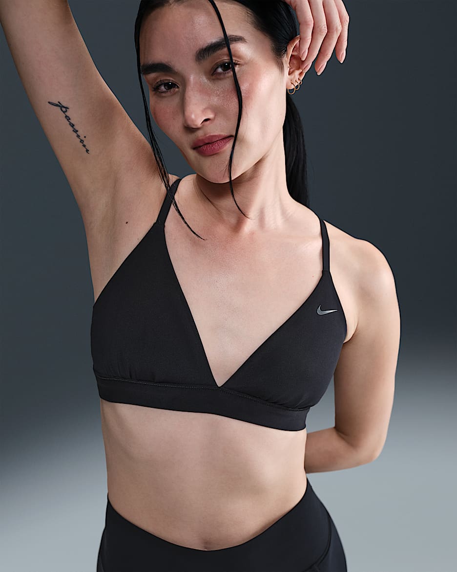 Bra deportivo de triángulo de baja sujeción sin almohadilla para mujer Nike Form - Negro/Gris humo/Gris humo oscuro