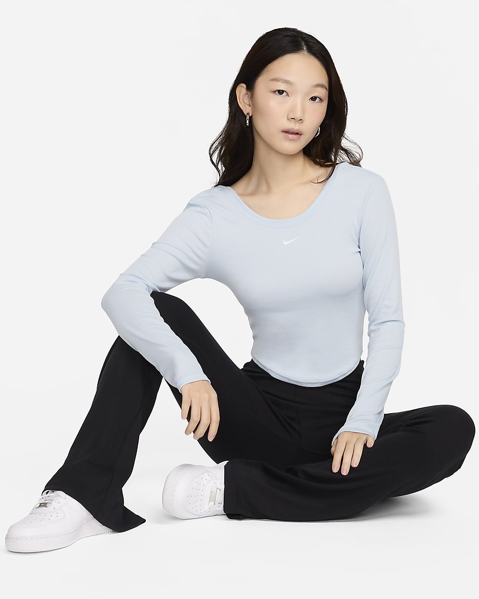 Nike Sportswear Chill Knit Women's Tight Scoop-Back Long-Sleeve Mini-Rib Top - Light Armoury Blue/Sail