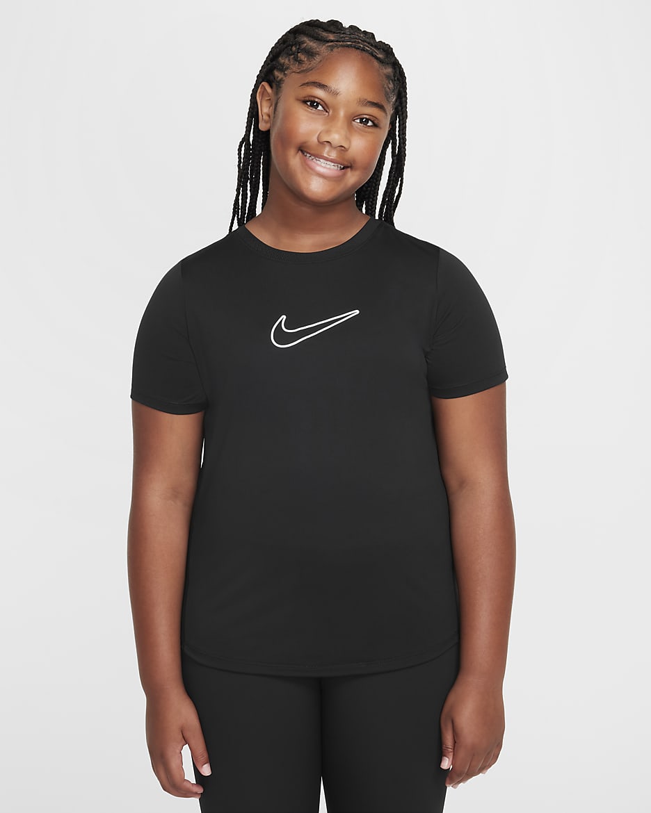 Playera de entrenamiento  Dri-FIT de manga corta para niña talla grande (talla amplia) Nike One - Negro/Blanco