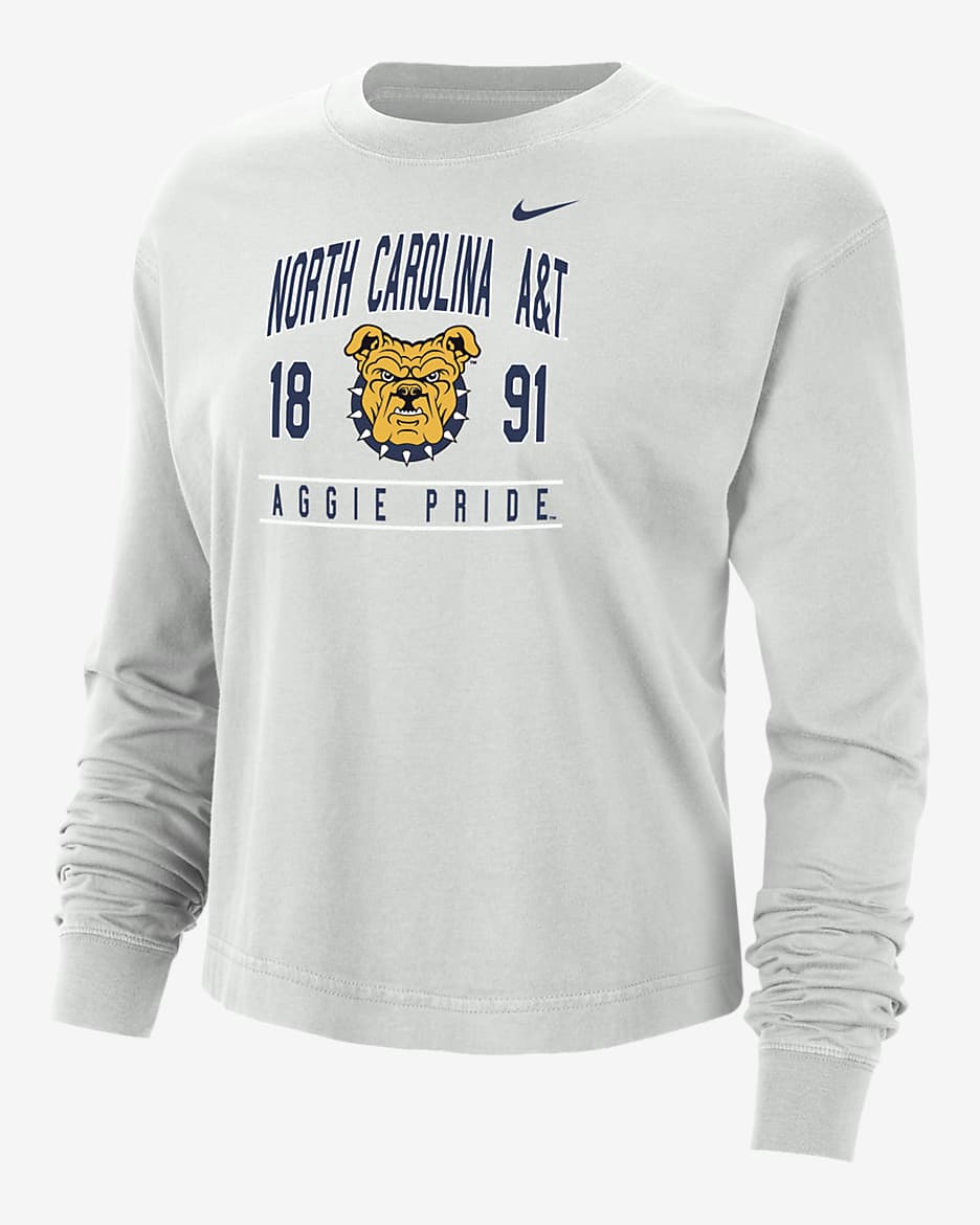 Playera de manga larga universitaria Nike de corte cuadrado para mujer North Carolina A&T - Polvo fotón