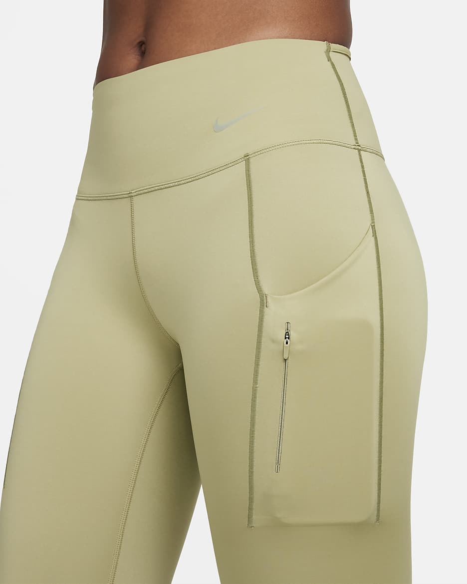 Damskie legginsy ze średnim stanem i kieszeniami o długości 7/8 zapewniające mocne wsparcie Nike Go - Neutral Olive/Czerń