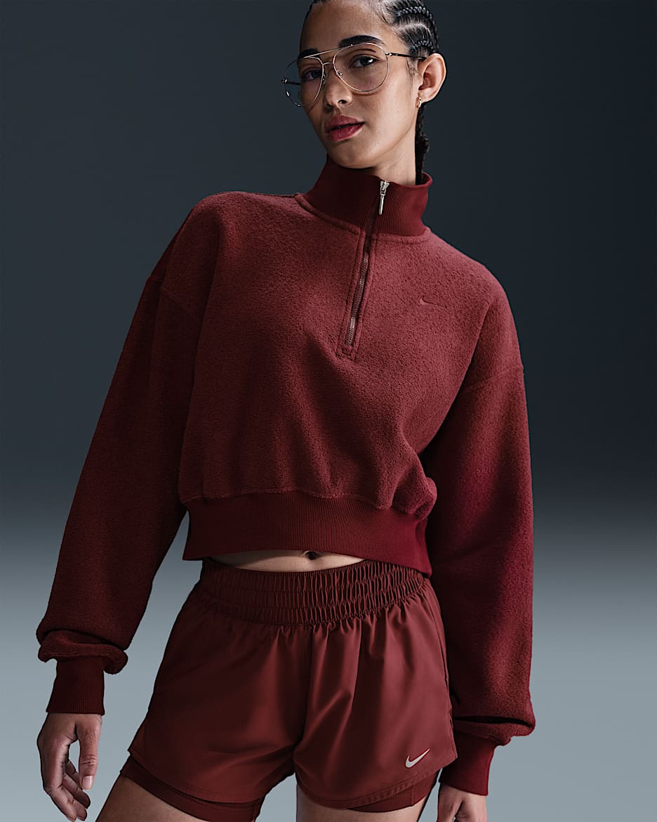 Sudadera de tejido Fleece cálido cropped con cierre de 1/4 oversized para mujer Nike Sportswear Phoenix Plush - Rojo team oscuro/Rojo team oscuro