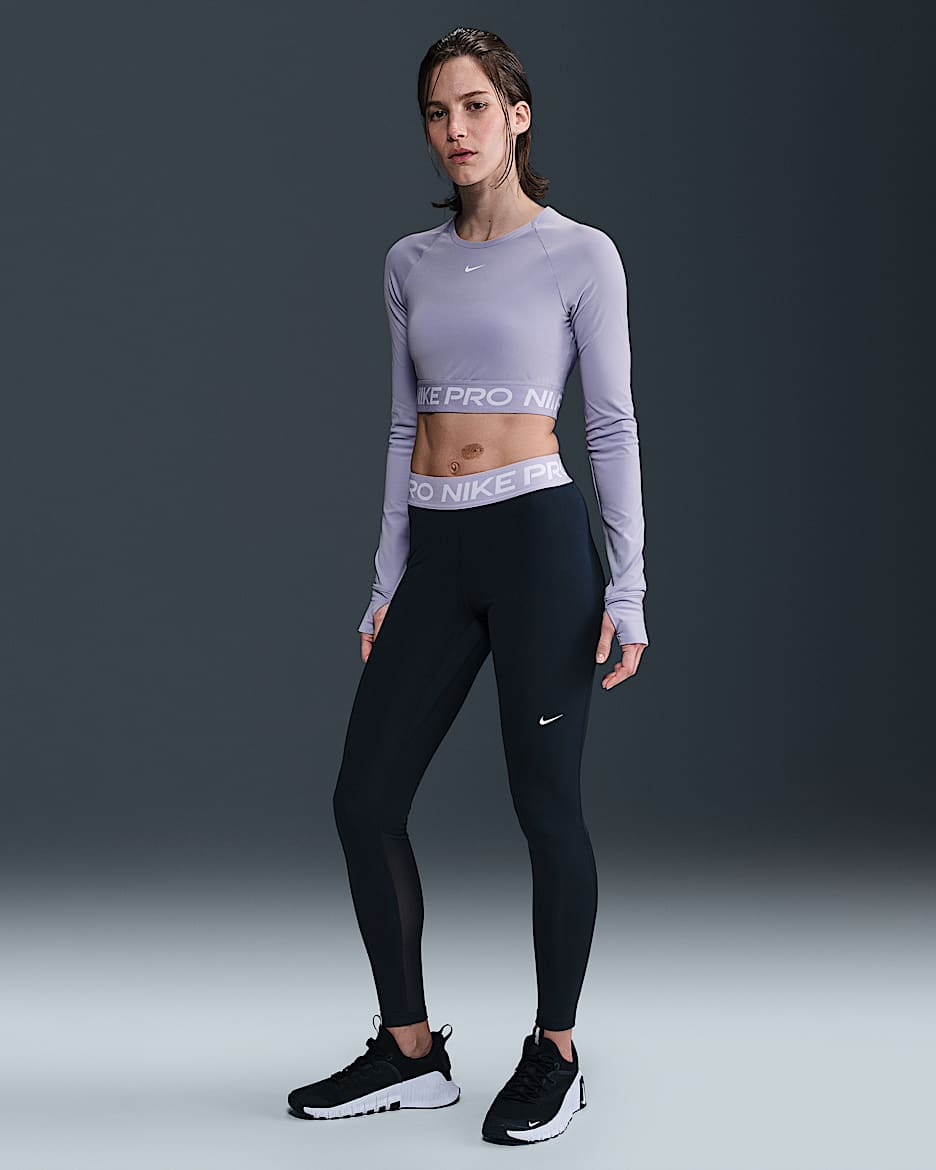Leggings de cintura normal com painéis de malha Nike Pro para mulher - Preto/Lilás Ice/Branco