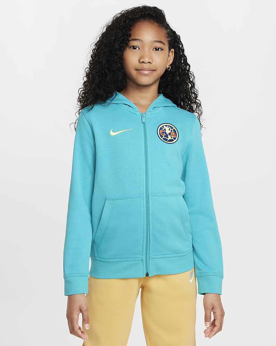 Sudadera con gorro de fútbol Nike de French Terry de cierre completo para niño talla grande Club América - Cactus empolvado/Chifón limón