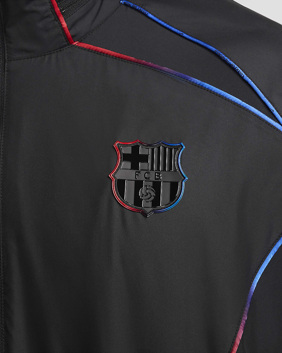 FC Barcelona idegenbeli Nike Soccer Repel könnyű férfikabát - Fekete/Fekete