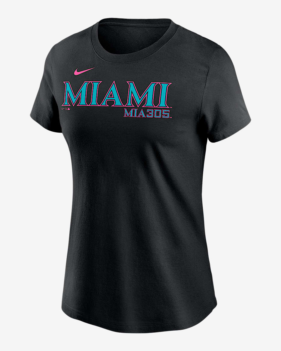Playera Nike de la MLB para mujer Miami Marlins City Connect Wordmark - Negro