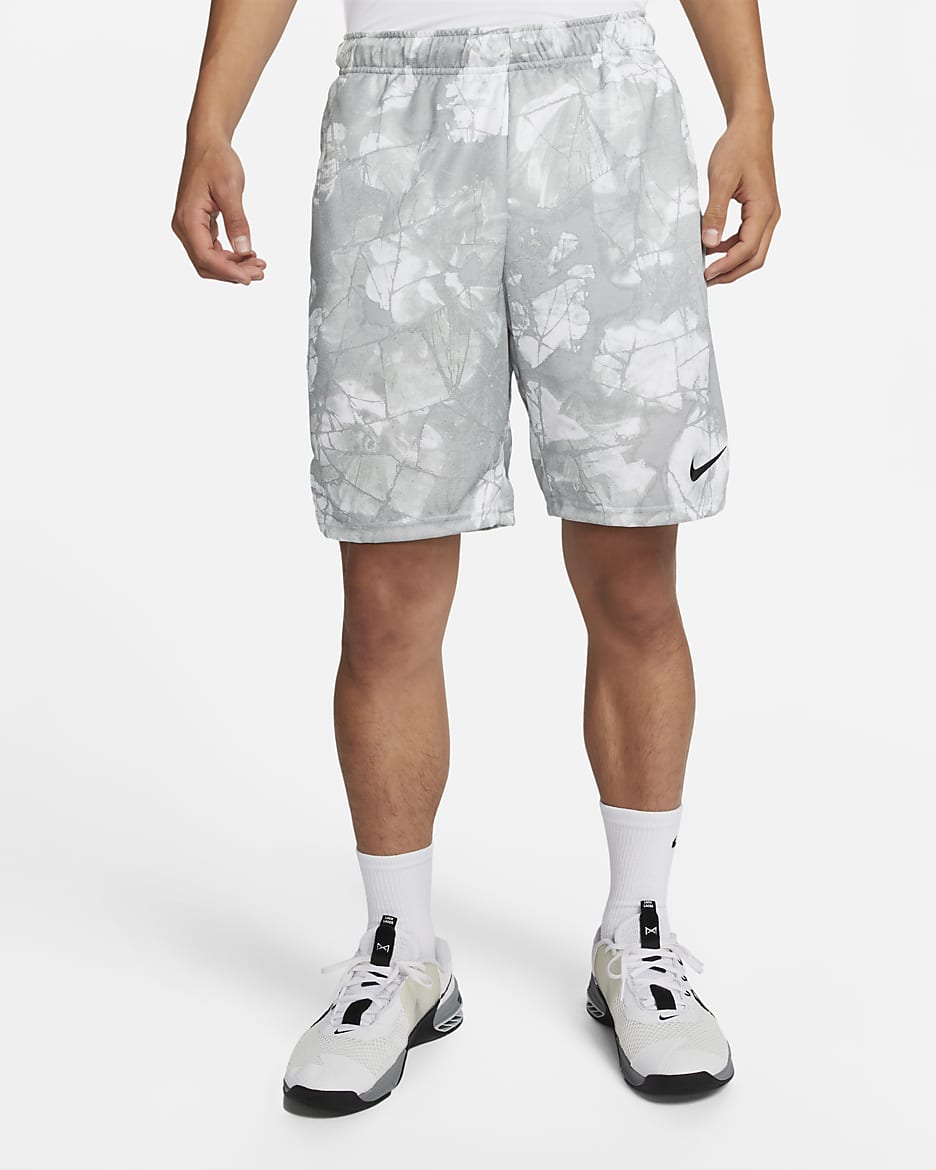 Nike Dri-FIT Men's Knit Print Fitness Shorts - Light Smoke Grey/Light Smoke Grey/Black