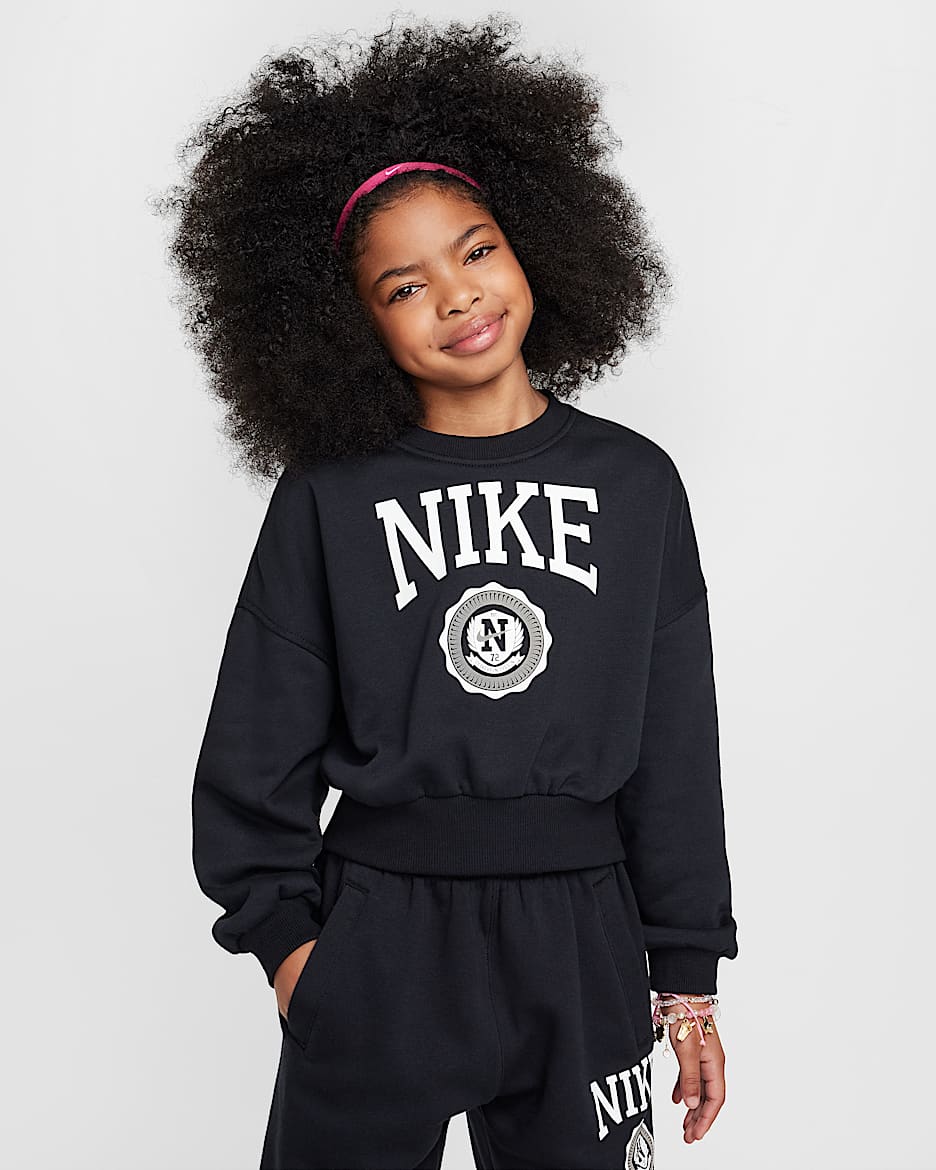 Nike Sportswear Club Girls' French Terry Crew-Neck Sweatshirt - Black/White
