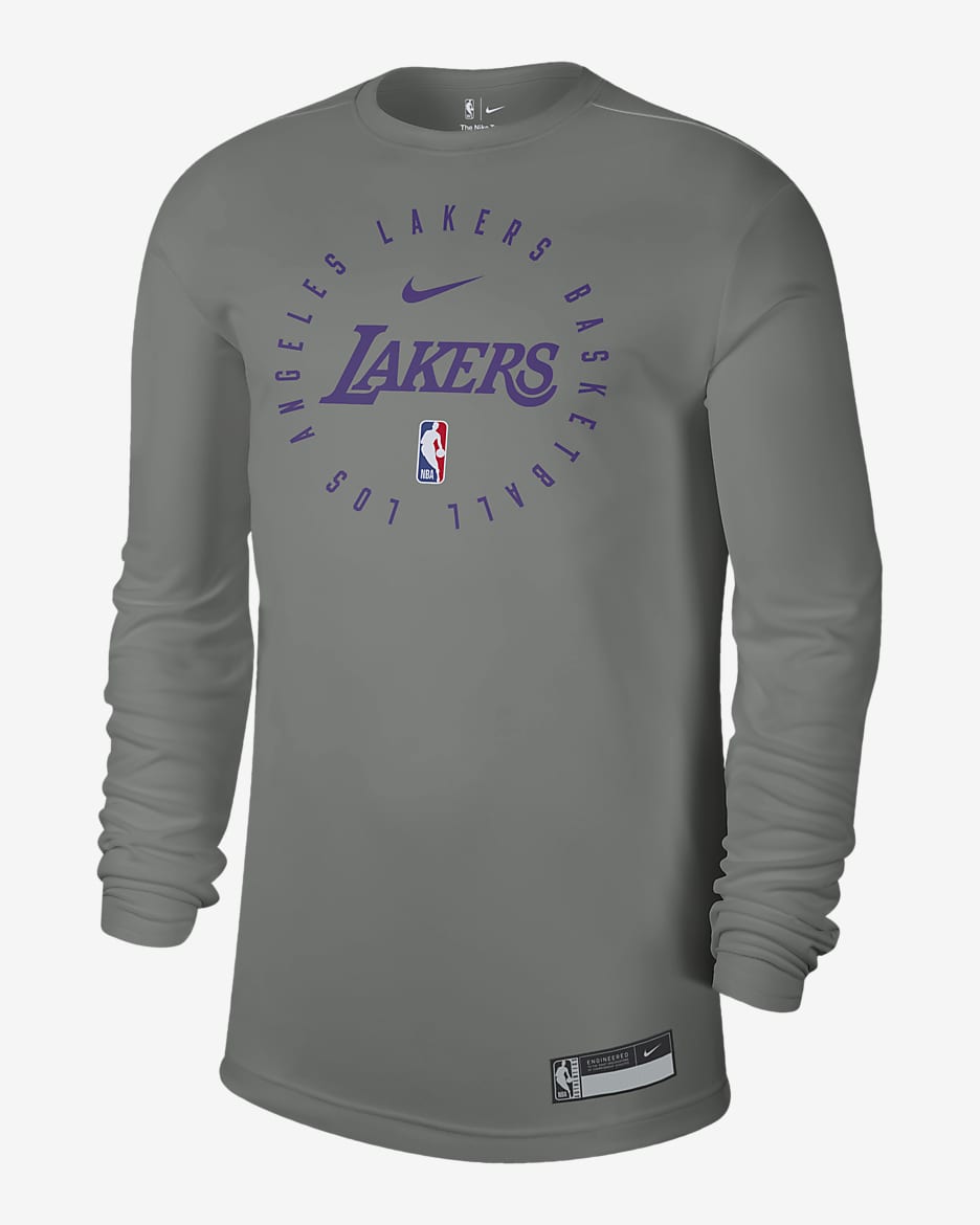 Playera de manga larga Nike Dri-FIT de la NBA para hombre Los Angeles Lakers - Gris rugoso/Plata liso/Jaspeado