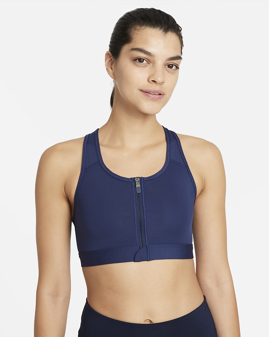 Bra deportivo con cierre al frente y almohadilla de media sujeción para mujer Nike Swoosh - Azul marino medianoche/Blanco