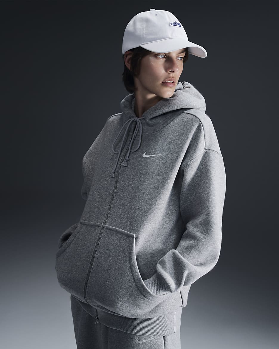 Nike Sportswear Phoenix Fleece ekstra stor hettejakke til dame - Dark Grey Heather/Sail
