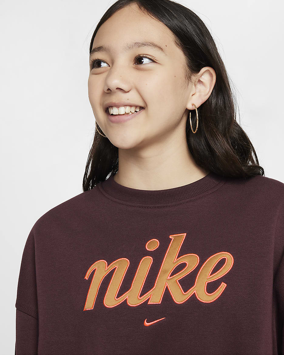 Nike Sportswear Club Fleece Girls' Boxy Crew-Neck Sweatshirt - Burgundy Crush/Hot Punch