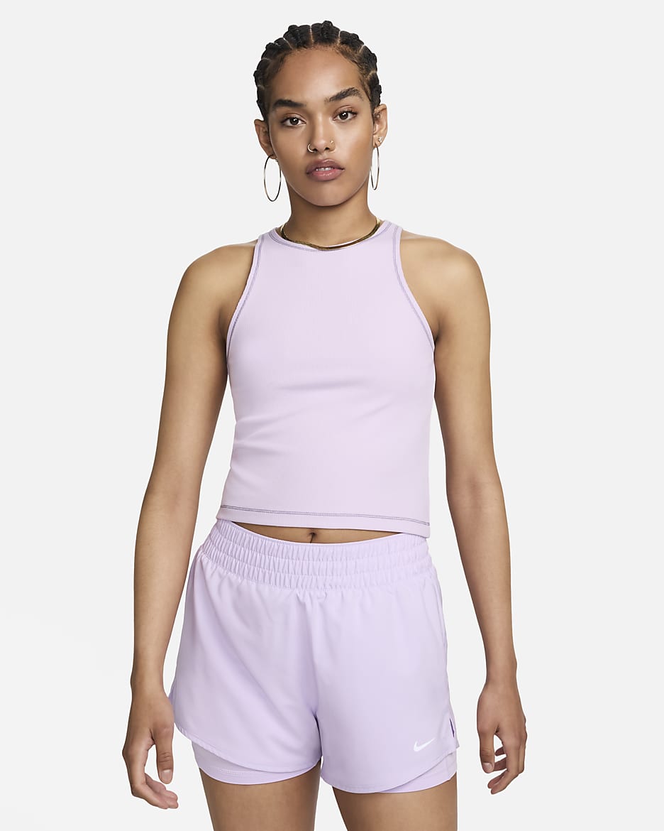 Nike One Fitted Dri-FIT geribde tanktop voor dames - Lilac Bloom/Daybreak/Wit