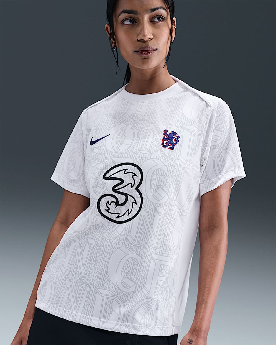 FC Chelsea Academy Pro Nike Dri-FIT Pre-Match-Fußballoberteil (Damen) - Weiß/Pure Platinum/Rush Blue
