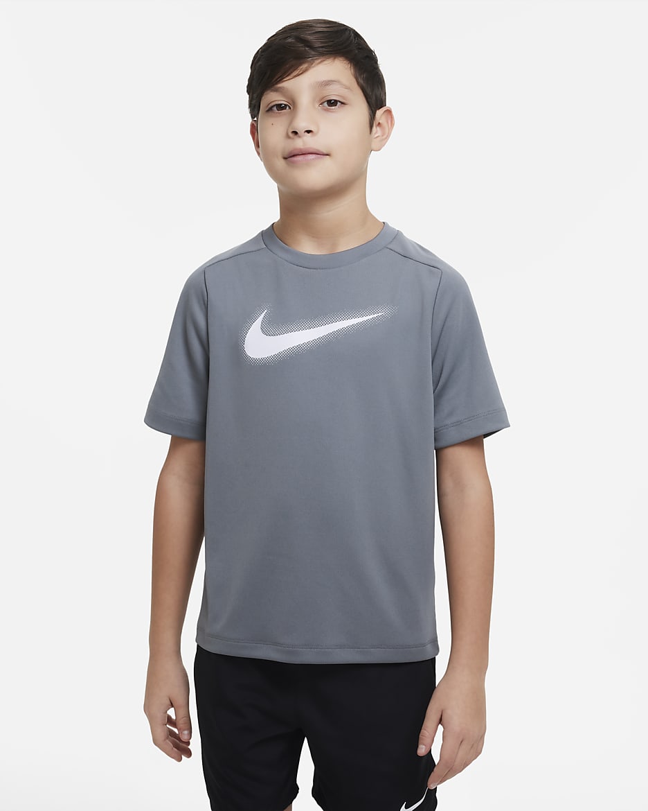 Nike Multi-Dri-FIT-træningsoverdel med grafik til større børn (drenge) - Smoke Grey/hvid