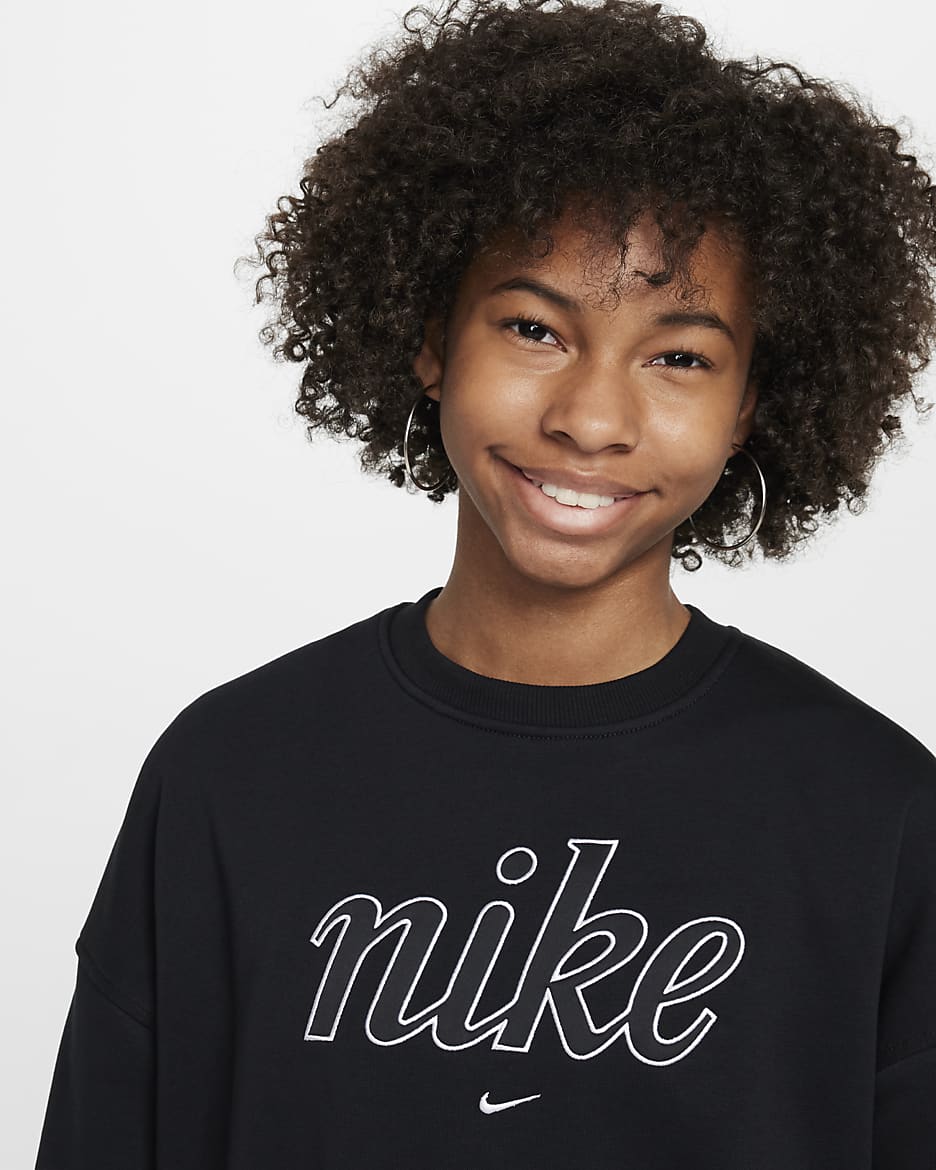 Nike Sportswear Club Fleece Girls' Boxy Crew-Neck Sweatshirt - Black/White