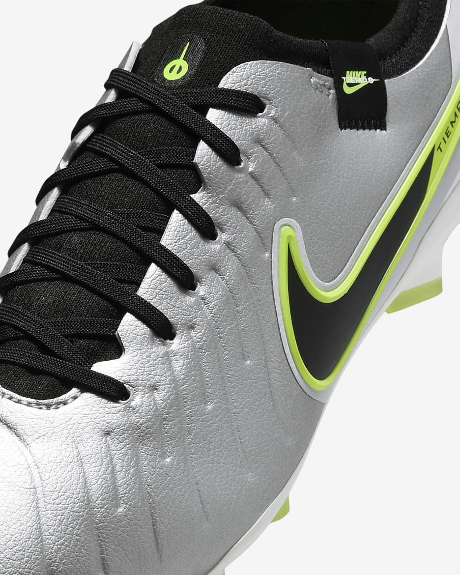 Tacos de fútbol de corte low para terreno firme Nike Tiempo Legend 10 Pro - Plata metalizado/Volt/Negro