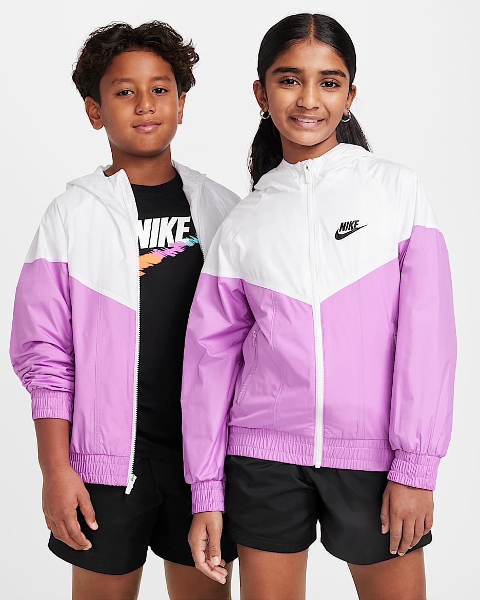 Chamarra Repel con gorro para niños talla grande Nike Sportswear Windrunner - Blanco/Fucsia enérgico/Fucsia enérgico/Negro
