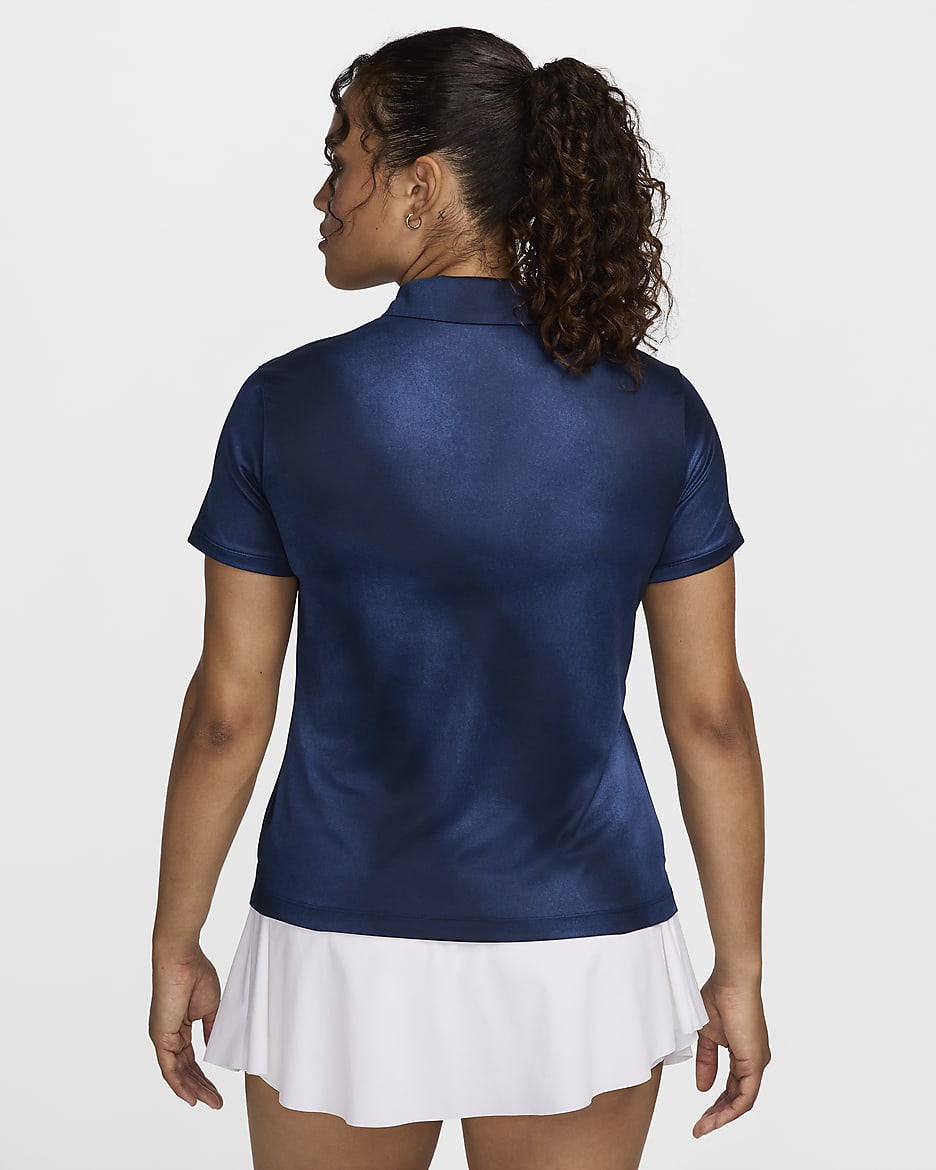 Polo de golfe estampado de manga curta Dri-FIT Nike Victory para mulher - Mystic Navy/Obsidian/Branco