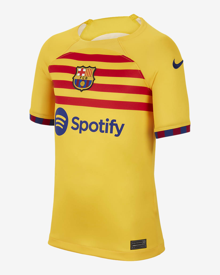 F.C. Barcelona 2023/24 Stadium Fourth Older Kids' Nike Dri-FIT Football Shirt - Amarillo/University Red/Deep Royal Blue