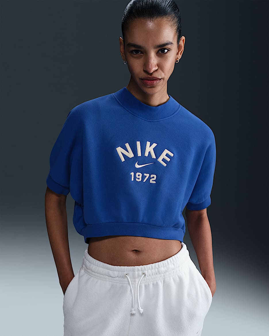 Playera de cuello redondo de manga corta de French Terry cropped para mujer Nike Sportswear Collection - Royal juego/Vela