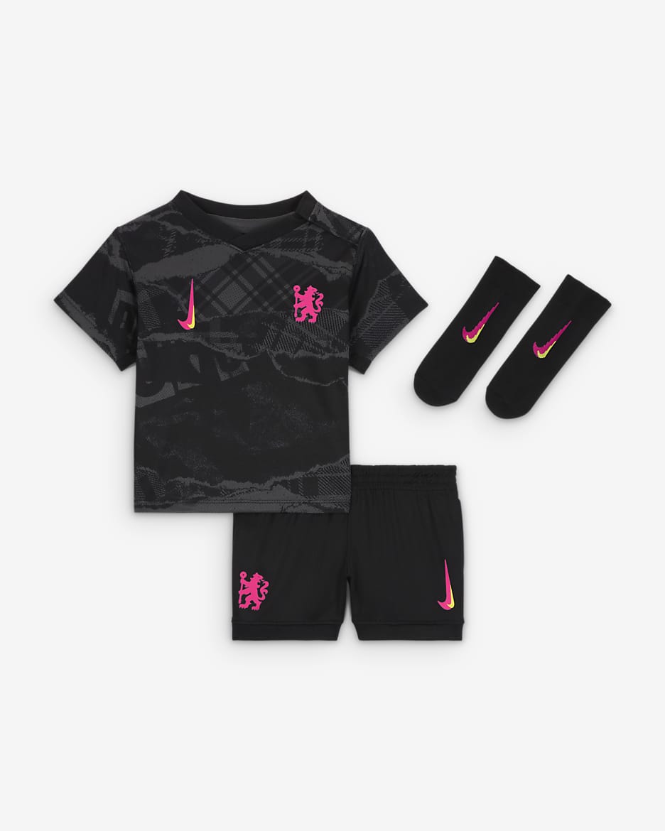 FC Chelsea 2024/25 Stadium Third dreiteiliges Nike Football Replika-Trikotset (Babys und Kleinkinder) - Anthracite/Schwarz/Opti Yellow/Pink Prime