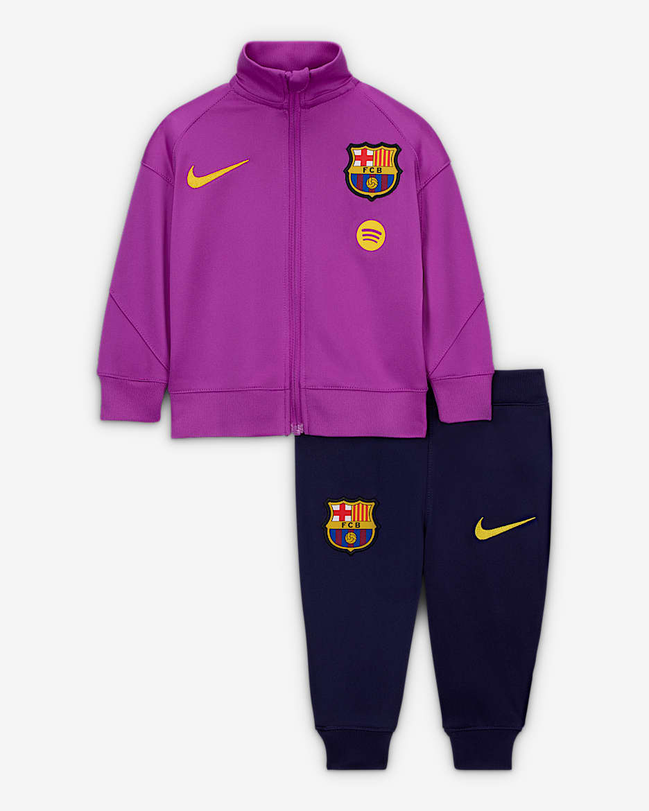 Dzianinowy dres piłkarski dla niemowląt i maluchów Nike Dri-FIT FC Barcelona Strike - Vivid Purple/Imperial Purple/Midwest Gold