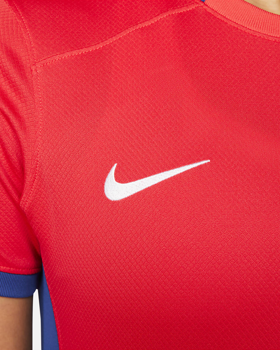 Jersey de fútbol Nike Dri-FIT de Noruega local 2023 Stadium para mujer - Rojo mundial/Azul mundial/Blanco