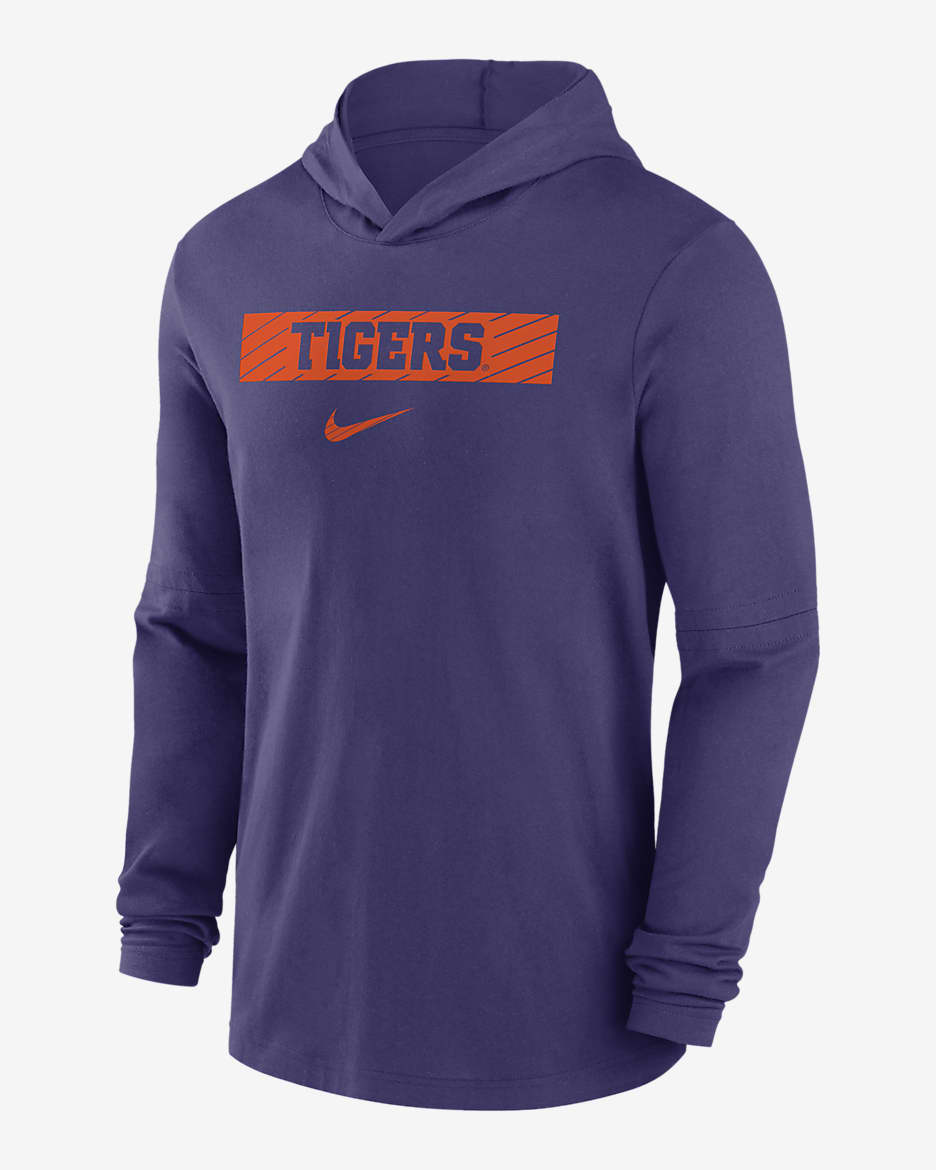 Playera de manga larga universitaria Nike Dri-FIT con gorro para hombre Clemson Tigers Sideline - Morado