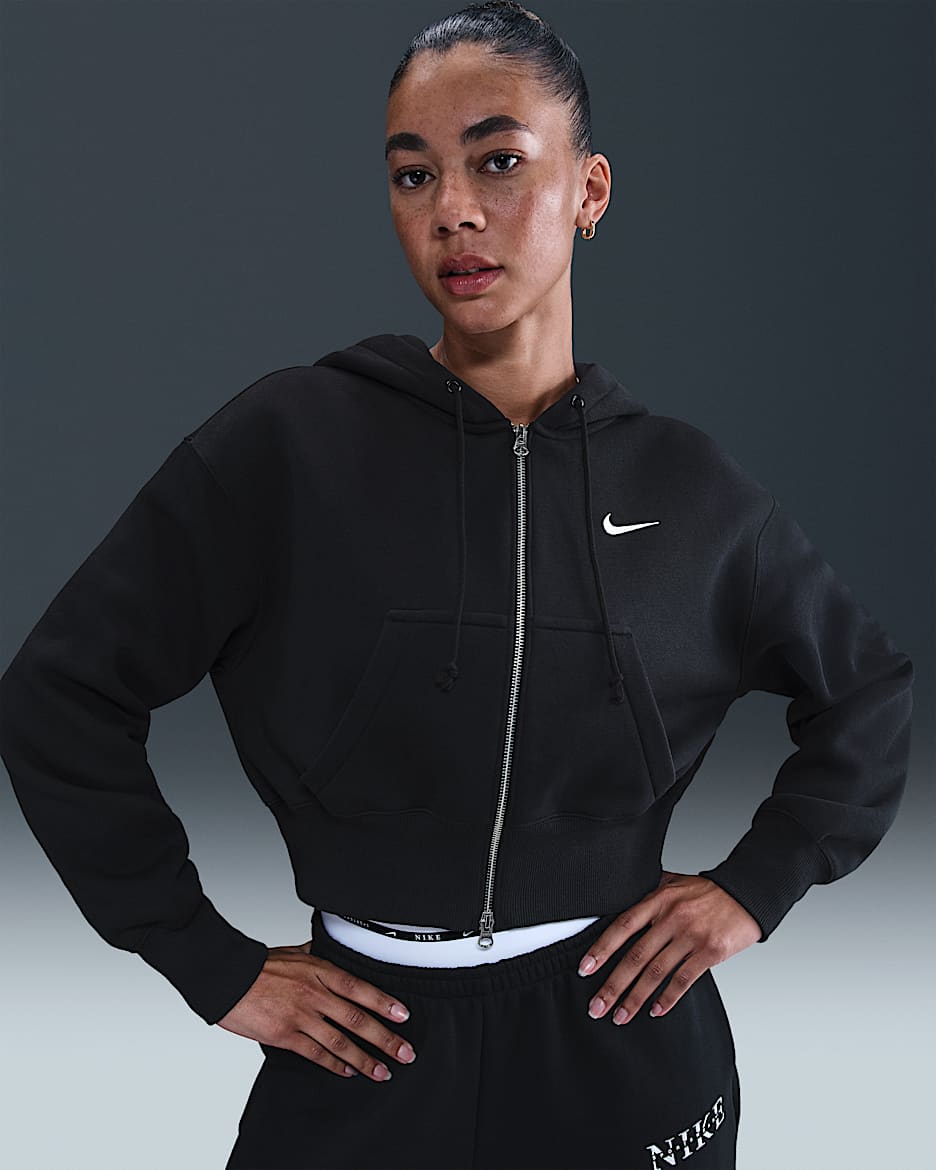 Sudadera con gorro holgada cropped con cierre completo para mujer Nike Sportswear Phoenix Fleece - Negro/Vela