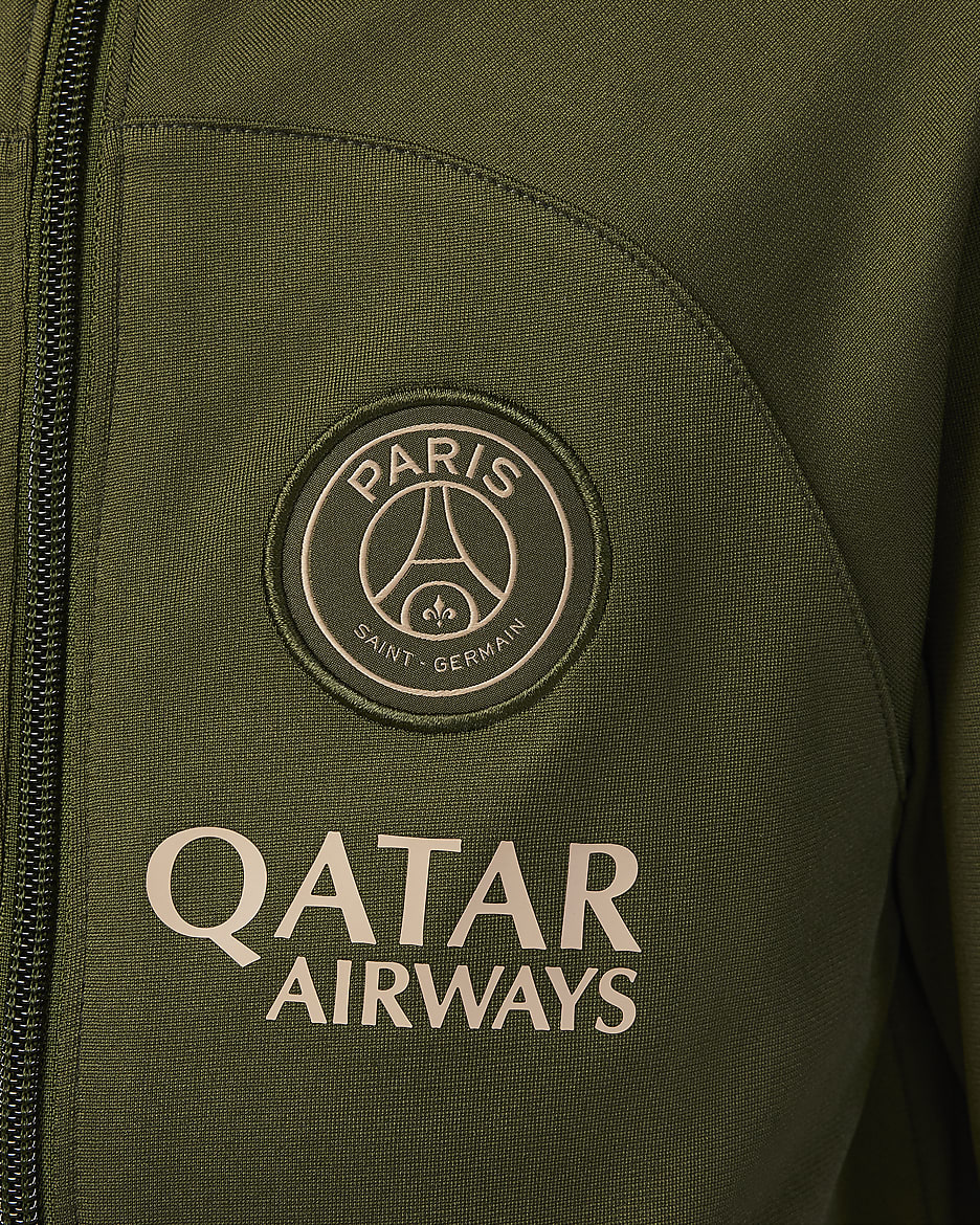 Stickad fotbollstracksuit Paris Saint-Germain Strike (fjärdeställ) Jordan Dri-FIT med huva för barn - Rough Green/Hemp