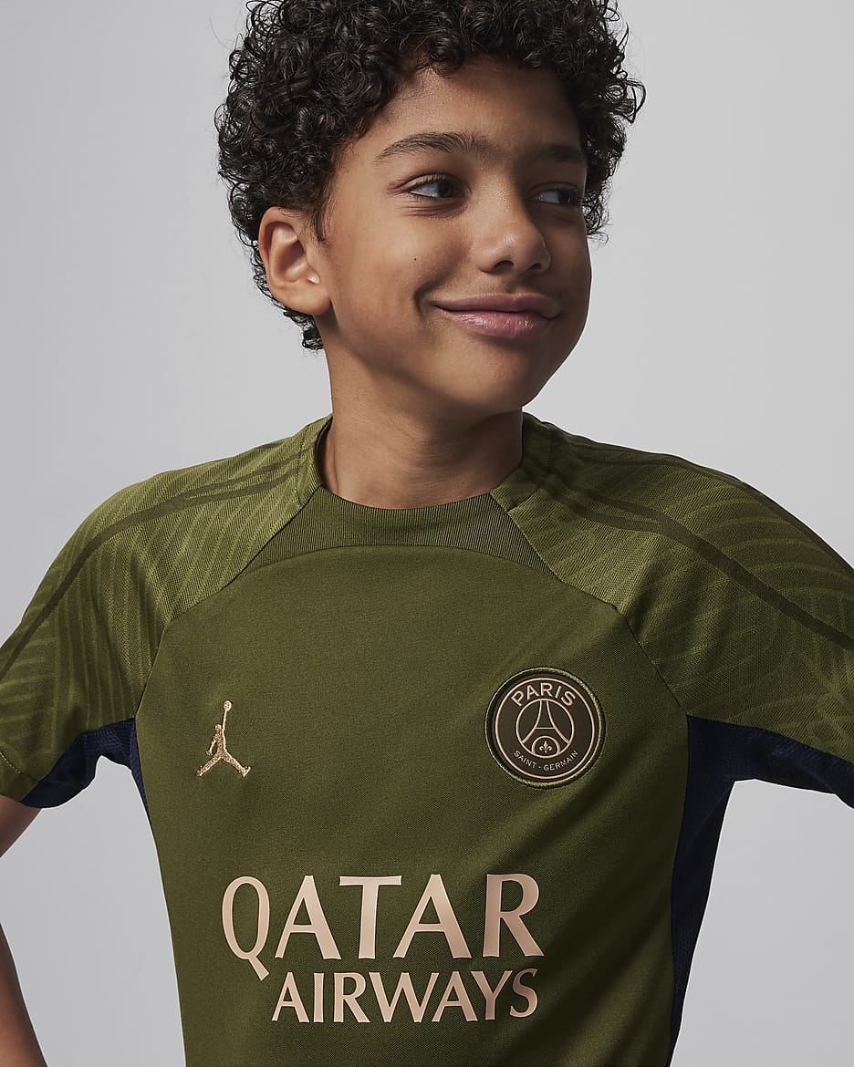 Paris Saint-Germain Strike Fourth Big Kids' Jordan Dri-FIT Soccer Knit Top - Rough Green/Rough Green/Dark Obsidian/Hemp