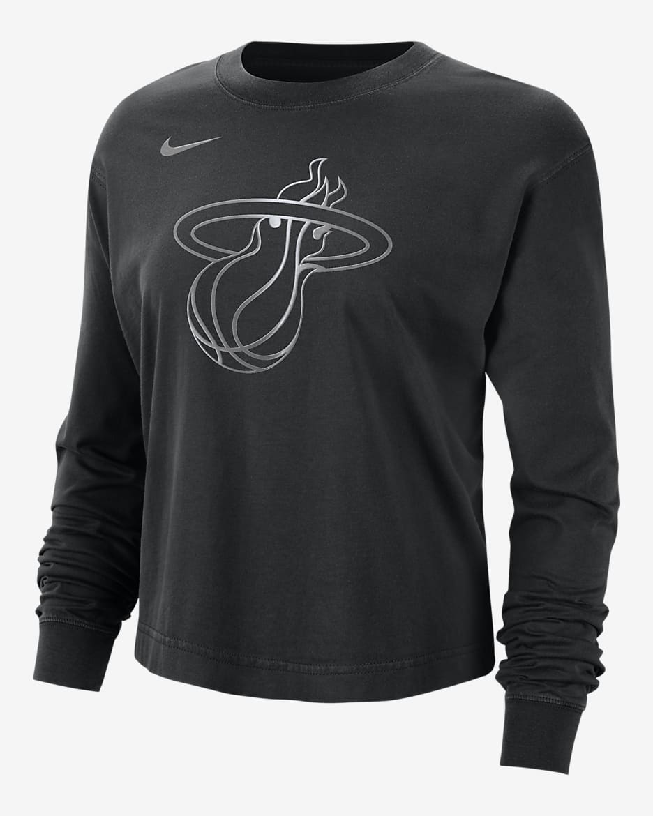 Playera de manga larga Nike de la NBA con brillo de corte cuadrado para mujer Miami Heat Courtside - Negro