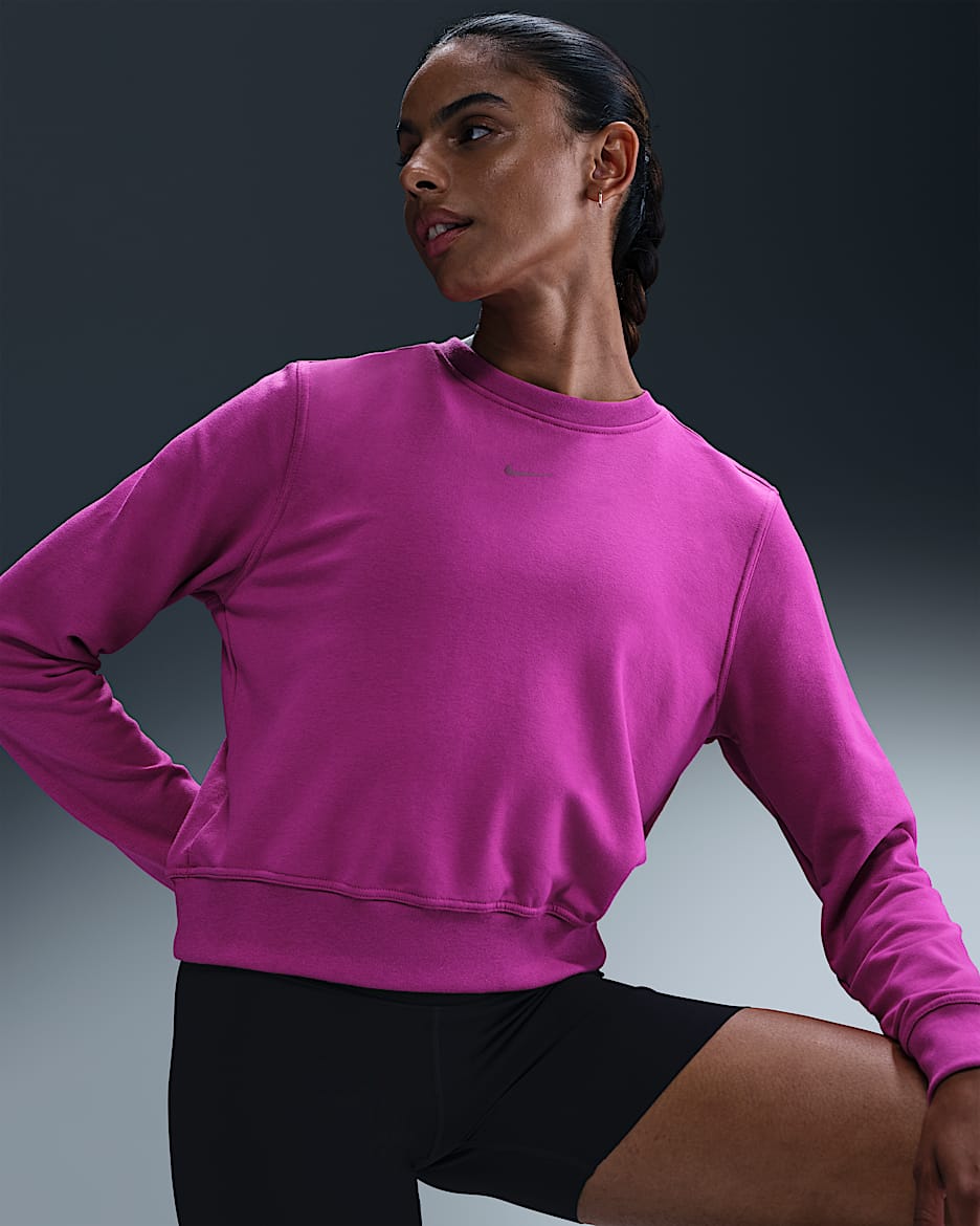 Nike Dri-FIT One Sudadera de French Terry con cuello redondo para mujer - Fucsia cálido/Negro