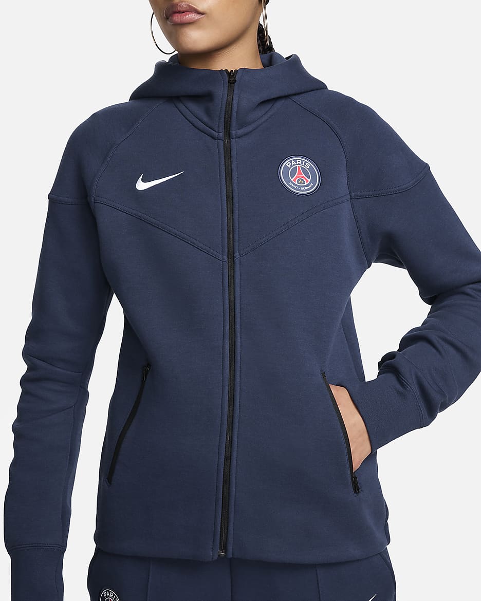 Damska bluza piłkarska z kapturem i zamkiem na całej długości Nike Paris Saint-Germain Tech Fleece Windrunner - Midnight Navy/Biel