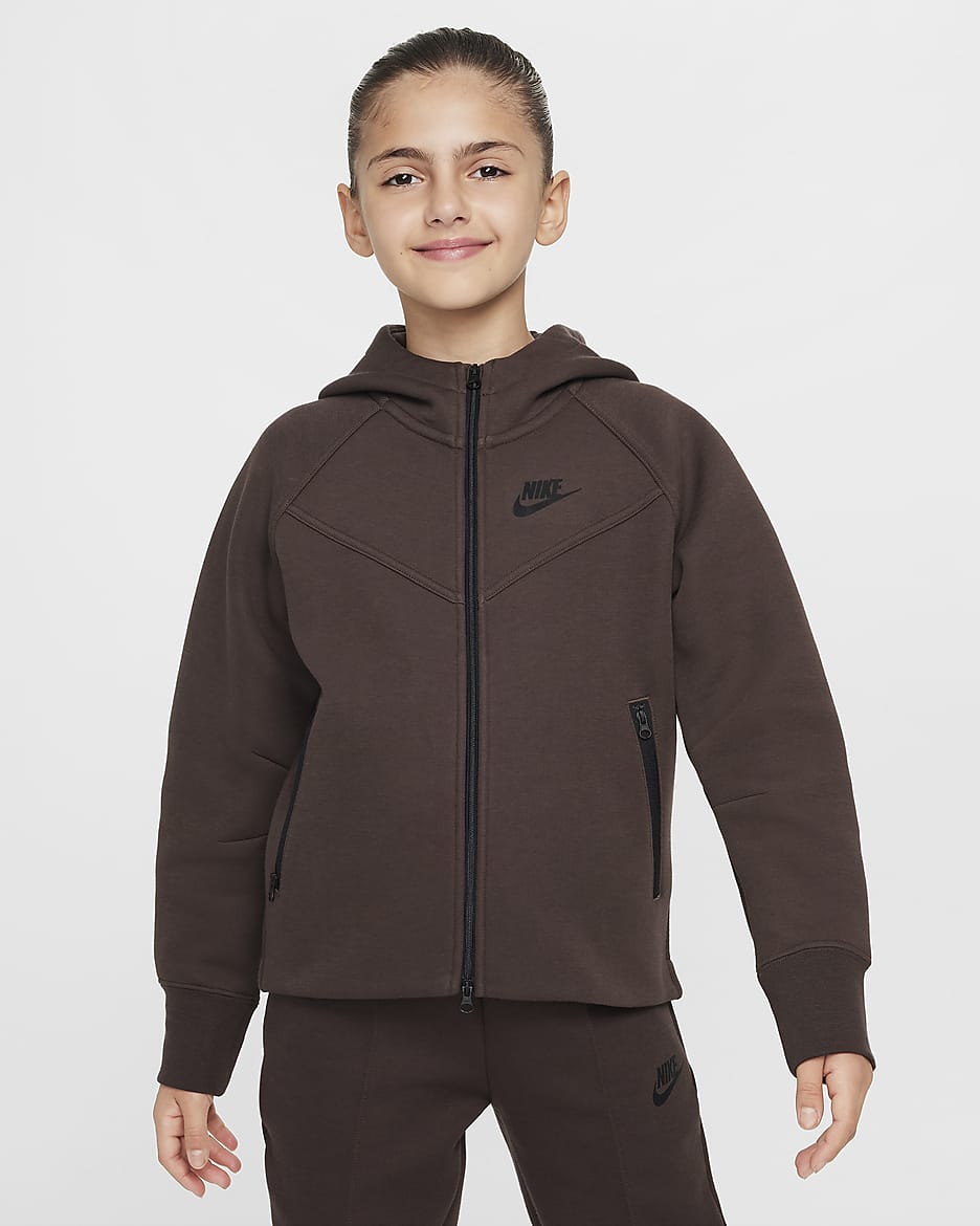 Nike Sportswear Tech Fleece hettejakke til store barn (jente) - Baroque Brown/Svart/Svart