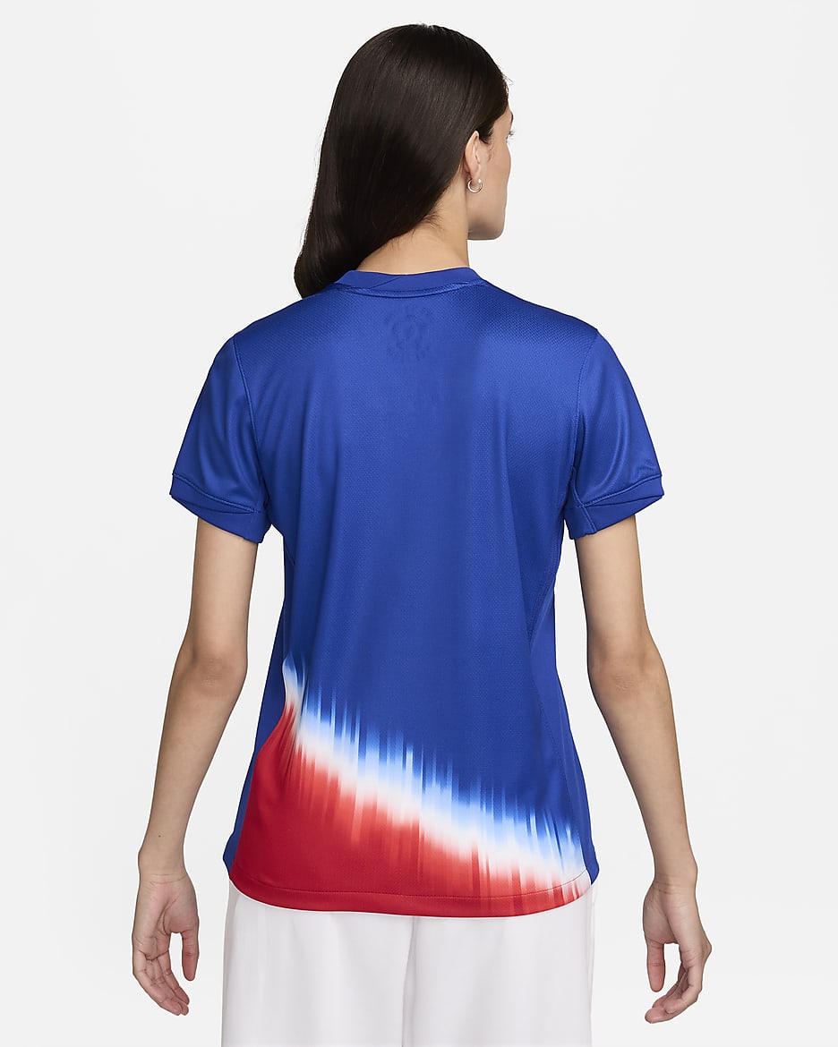 Jersey de fútbol Nike Dri-FIT Replica del USWNT visitante 2024 Stadium para mujer - Azul eléctrico/Blanco/Blanco