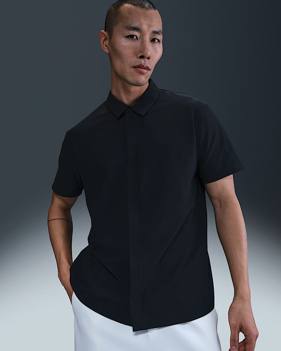 Camisa con botones de manga corta Dri-FIT para hombre Nike 24.7 PerfectStretch - Negro/Gris humo oscuro