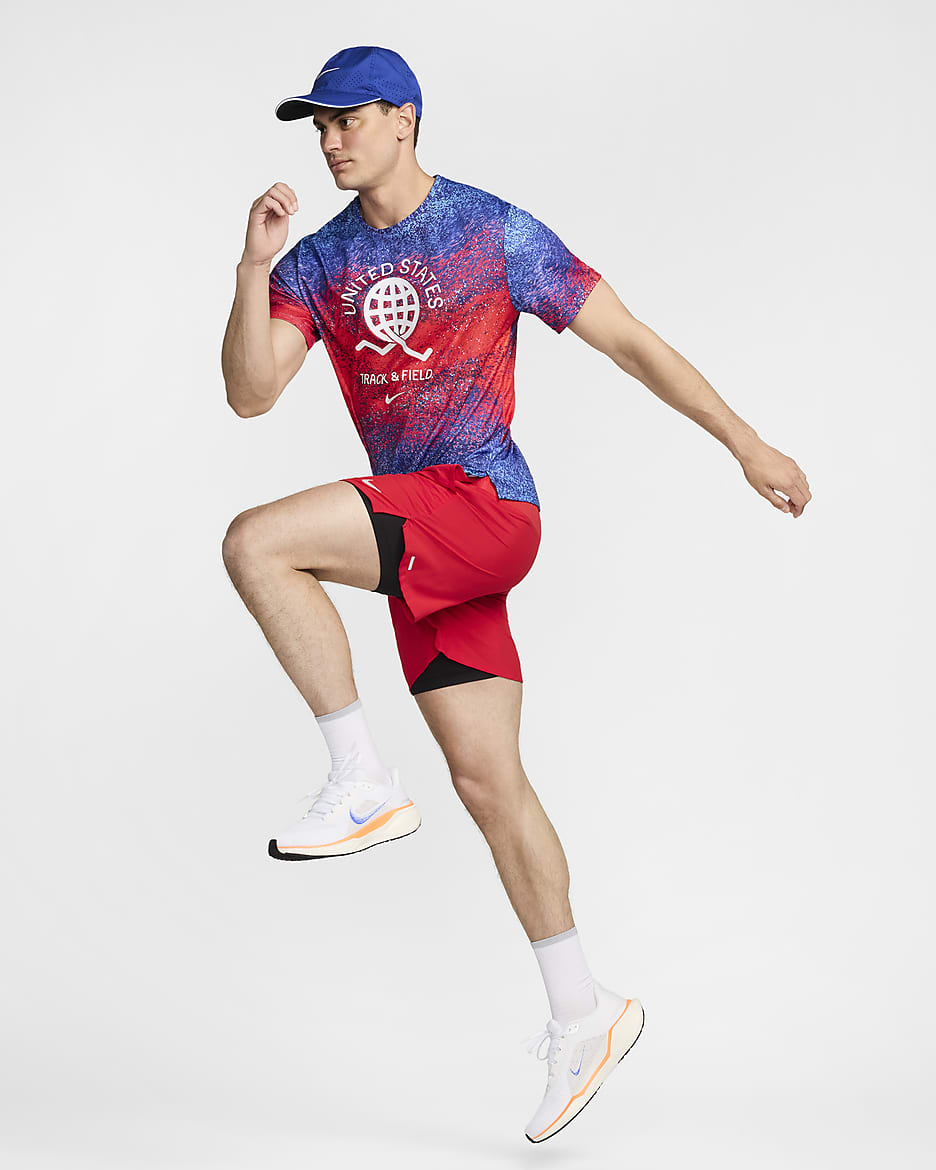 USA Miler Nike Dri-FIT rövid ujjú férfi futófelső - Bright Crimson/Old Royal/Fehér