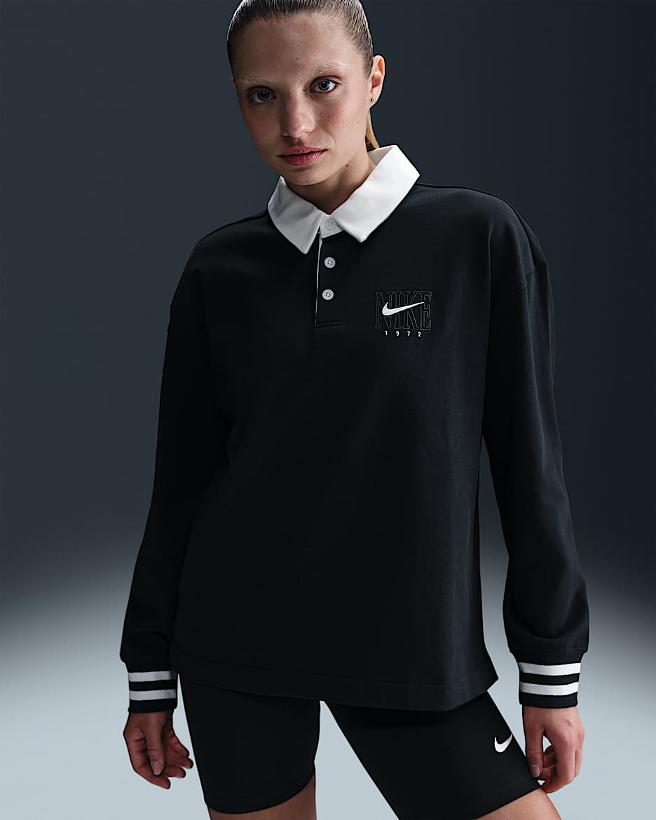 Polo de manga larga oversized para mujer Nike Sportswear Essential - Negro/Vela